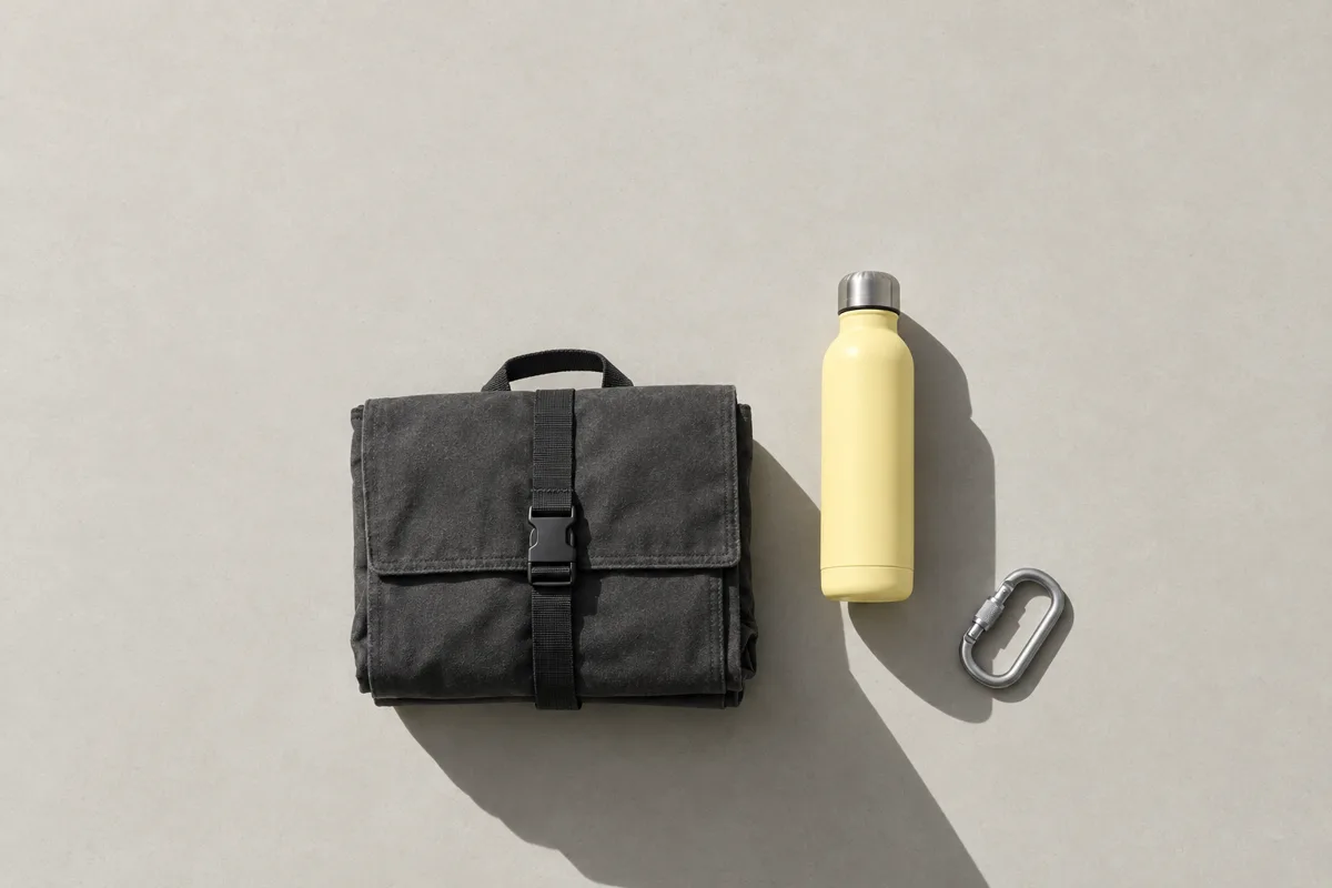 Concept still life of a canvas bag, pale yellow bottle, and metal carabiner
